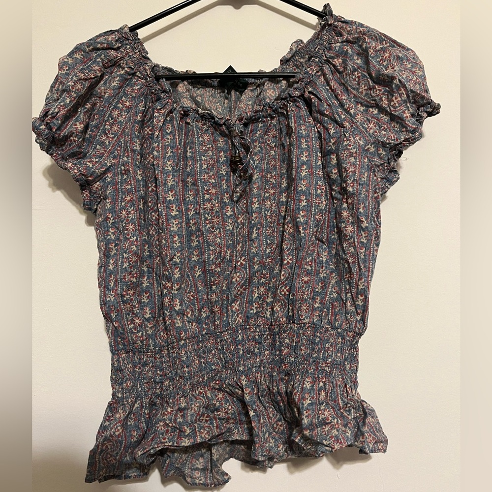 Lauren Ralph Lauren Pink and Gray Smocked Blouse with Cap Sleeves